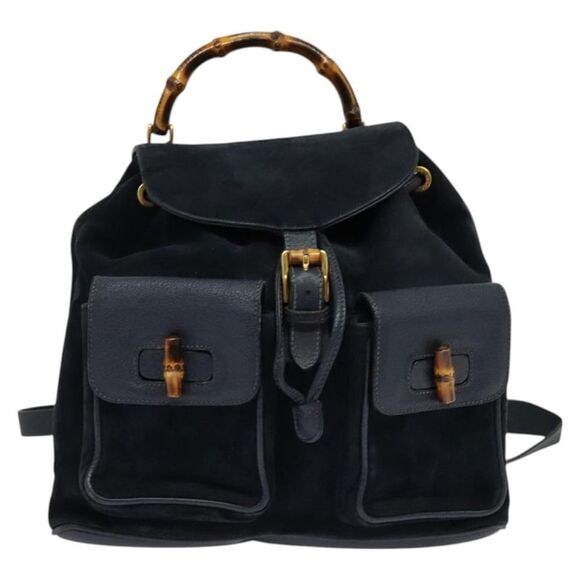 Gucci Bamboo Navy Suede Backpack Bag (Pre-Owned) - Picture 1 of 16